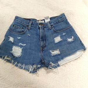 Levi's distressed high waist blue jean shorts